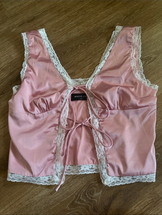 White Fox Boutique Tops - White Fox Boutique Pink Lace-Trim Satin Tank